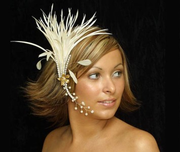Headpiece - style Elaine II - Ivory feathers diamanté & gold hand painted roses.
