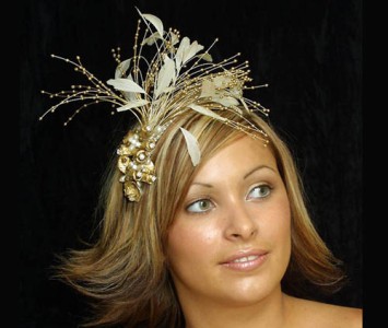 Headpiece - style Deral - Gold roses with amber beads diamanté & pearl spray with ivory feathers.