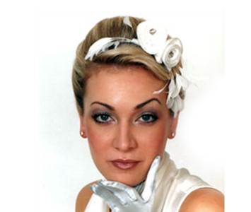 Headpiece - style - Lily - Cream white silk roses with large antique diamanté & winter white feathers.